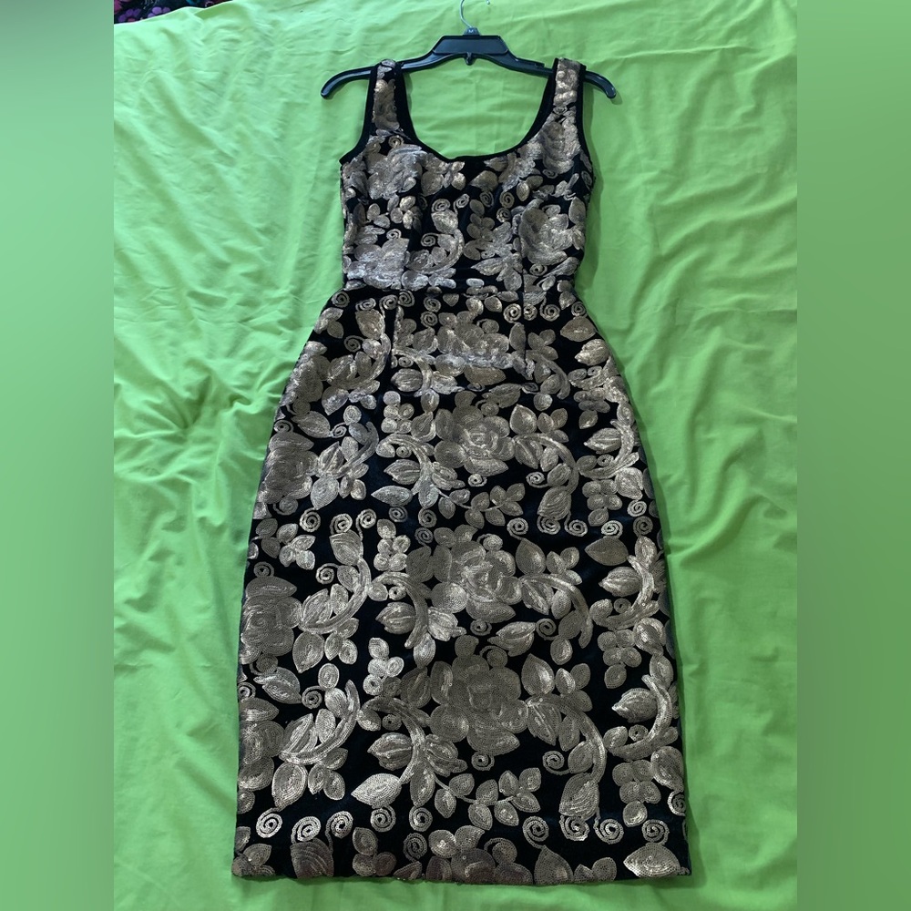 Tatyana Elegant Black and Gold Floral Dress